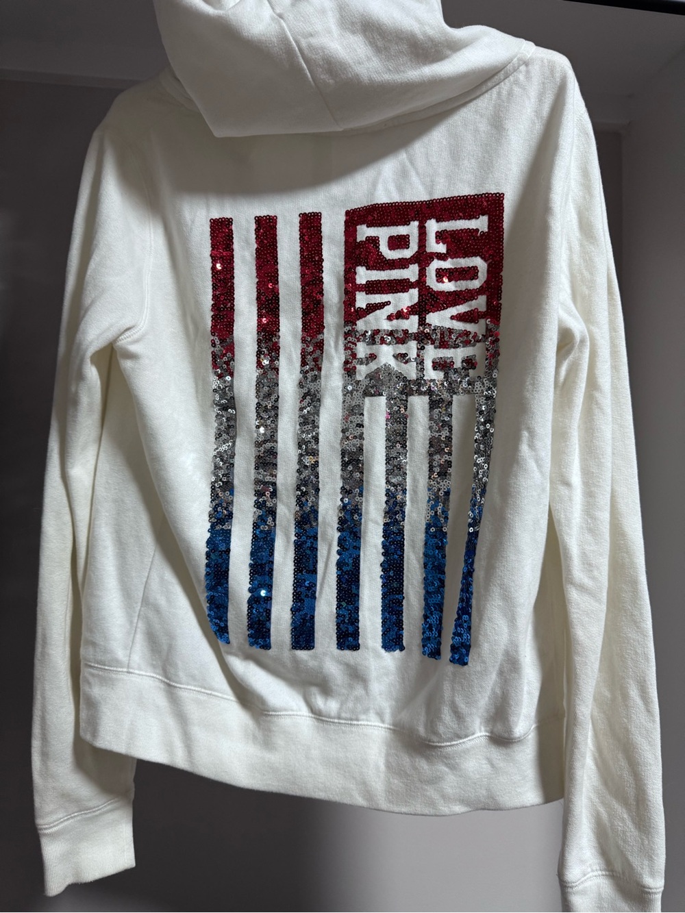 RARE VHTF PINK VS Sequin Flag Hoodie - White with Red, Silver & Blue Sequins